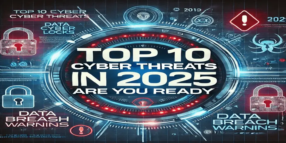 A high-tech visualization of cybersecurity threats and solutions in 2025.