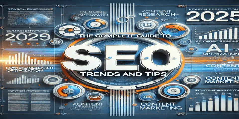 A visually engaging digital illustration showcasing SEO strategies and trends for 2025