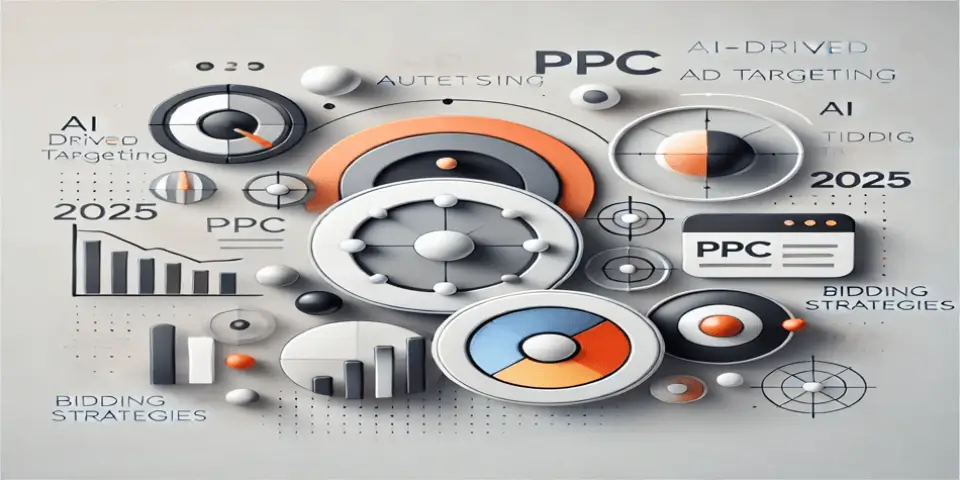 A futuristic abstract illustration representing key PPC trends 2025 with AI-driven bidding strategies. 