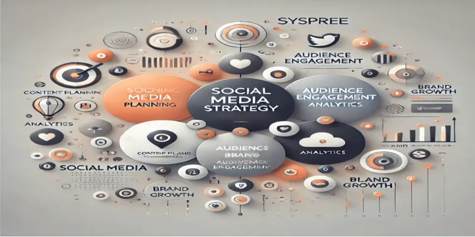 A futuristic abstract visualization of a social media strategy with interconnected elements for business growth. 