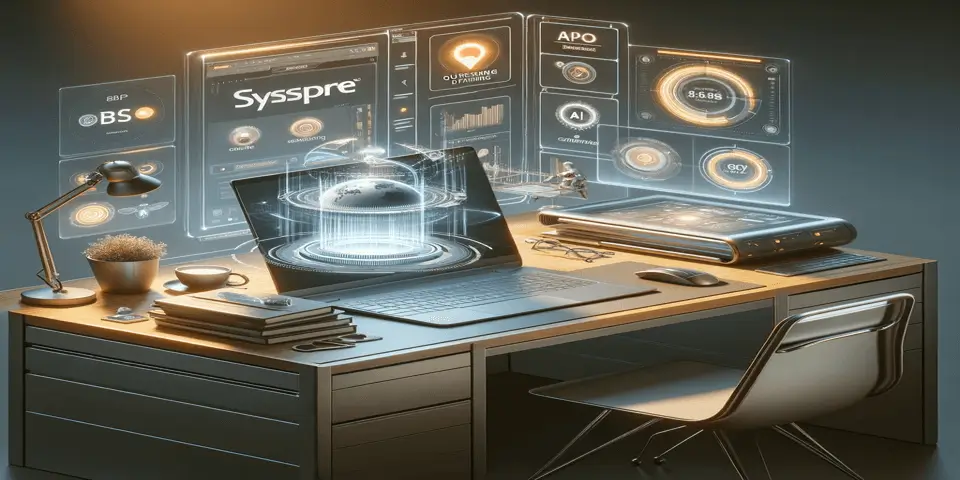 A high-tech workstation with a laptop displaying IT outsourcing data through holographic screens.