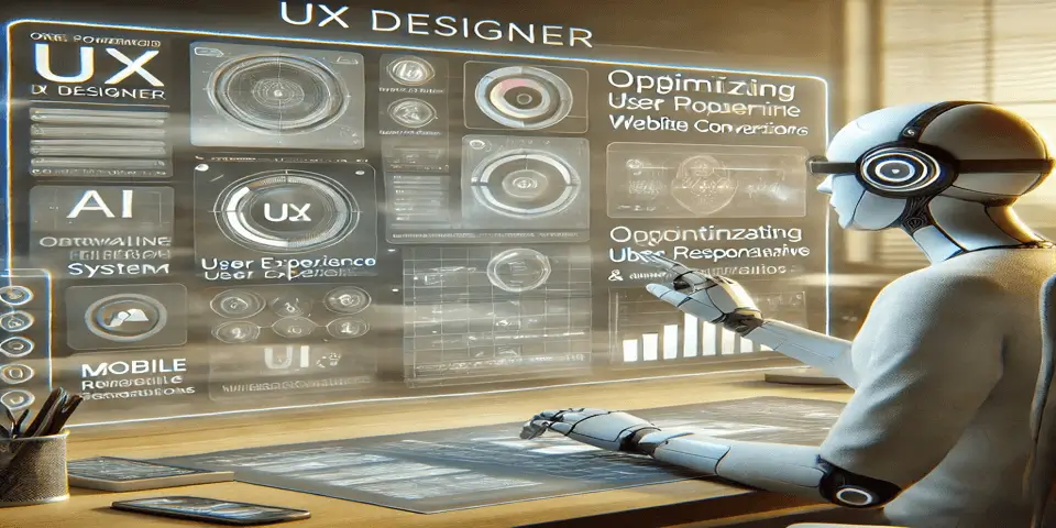 A UX designer analyzing website conversion metrics on an advanced digital interface.