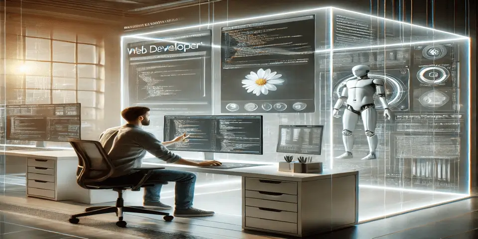 A web developer working with AI-driven automation and cloud-based solutions in a futuristic setup.