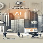 Futuristic digital workspace showcasing AI-driven custom web applications and automation.