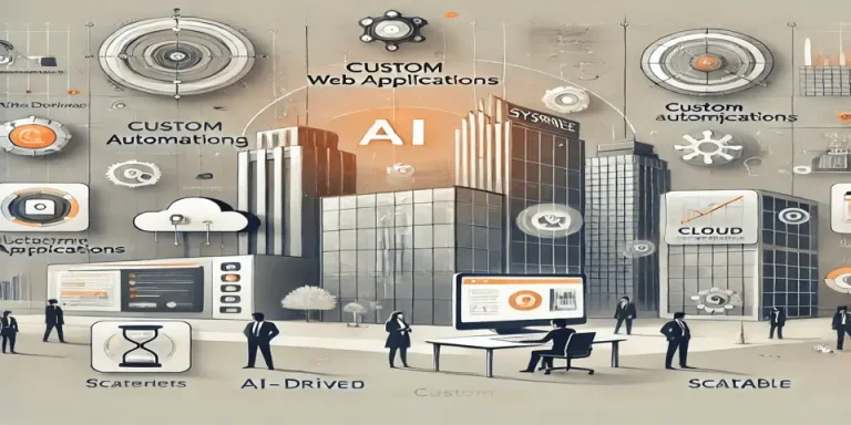 Futuristic digital workspace showcasing AI-driven custom web applications and automation.