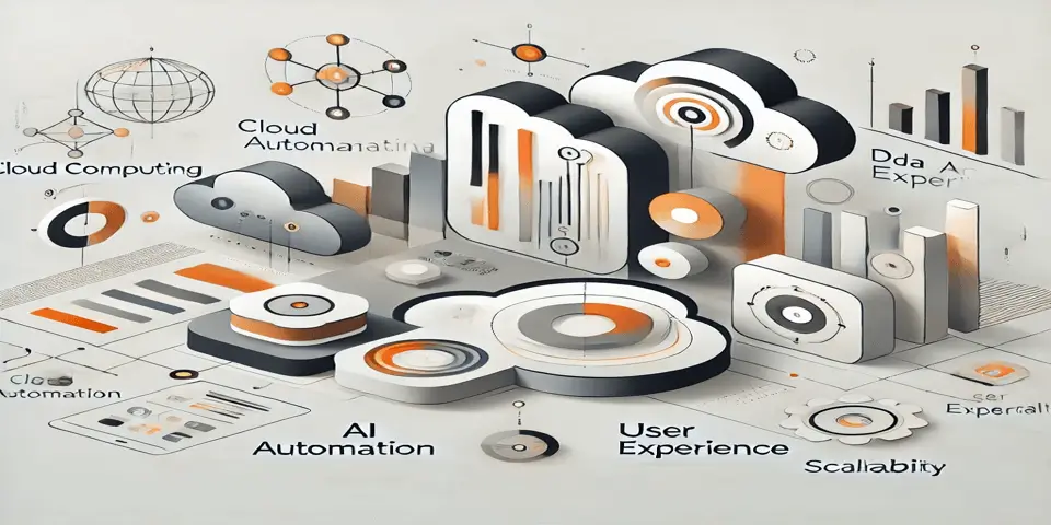  Abstract representation of web application trends, including AI, cloud computing, and user experience.