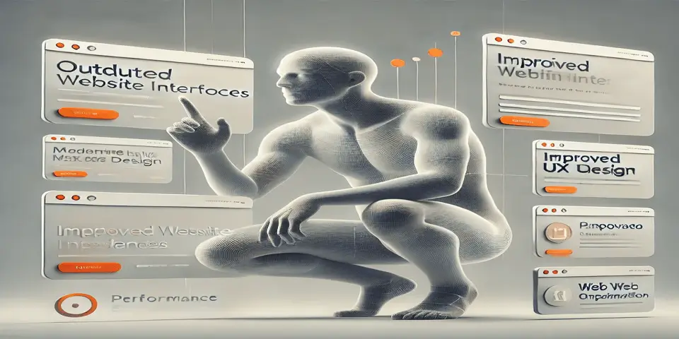 A futuristic human figure assessing outdated website interfaces and suggesting redesign improvements.