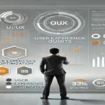 Business professional analyzing a digital UI/UX audit dashboard.