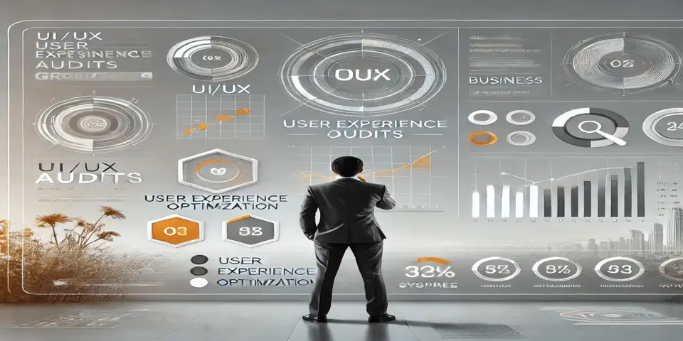 Business professional analyzing a digital UI/UX audit dashboard.