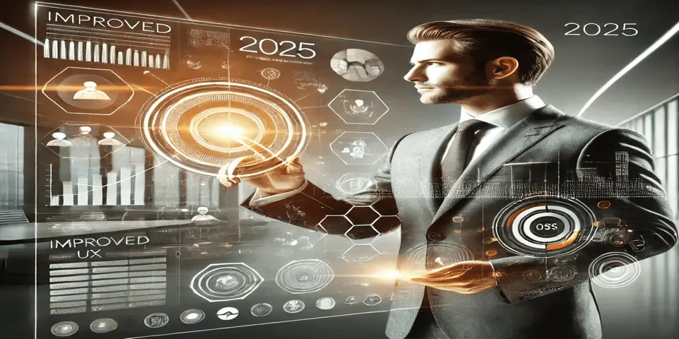 Business professional interacting with a futuristic UX interface for digital success.