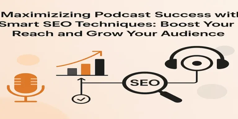 Illustration showing podcast success strategies with SEO growth icons.