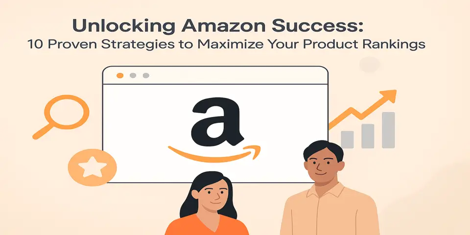 Abstract illustration showing growth and product ranking icons in an e-commerce context.