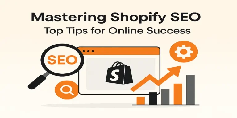 Flat-style digital illustration highlighting Shopify SEO concepts and growth tips.