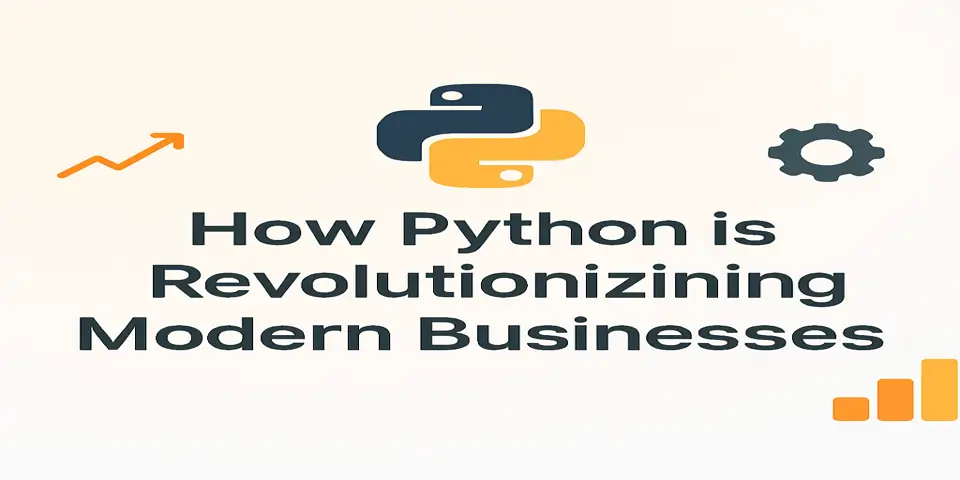 Python revolutionizing businesses with modern development tools and transformation icons.