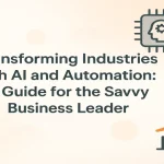 Headline surrounded by AI and automation icons like chip, gear, and analytics