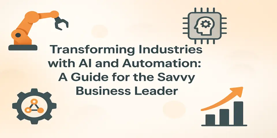 Headline surrounded by AI and automation icons like chip, gear, and analytics