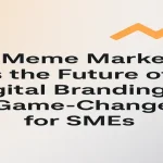 Meme marketing headline with emoji and branding icons
