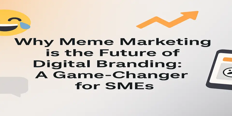 Meme marketing headline with emoji and branding icons