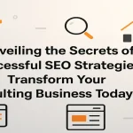 Title with icons like magnifying glass, key, bar chart, and browser, representing consulting success through SEO.