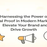 Social proof blog title surrounded by icons for reviews, ratings, and growth metrics