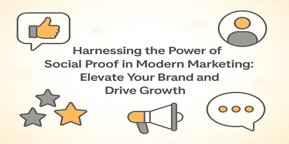 Social proof blog title surrounded by icons for reviews, ratings, and growth metrics