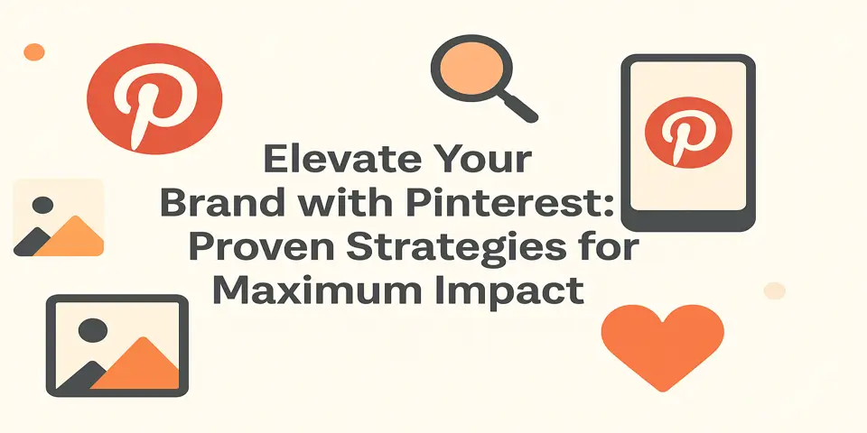 Pinterest strategy title surrounded by marketing icons and visual design cues.
