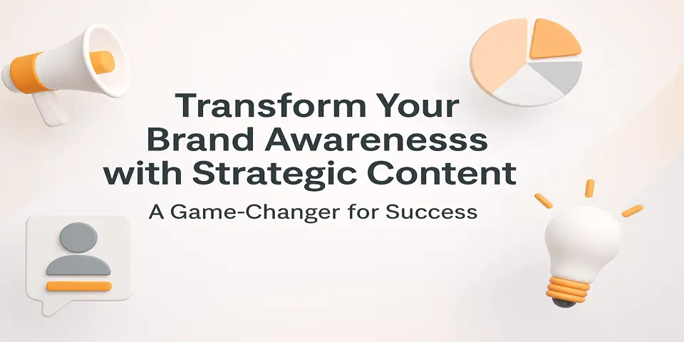 Strategic content title visual with brand-related icons in clean layout