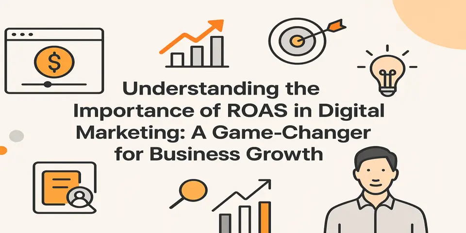 ROAS title surrounded by icons like dollar signs, ad reports, and analytics tools.