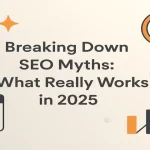 Central title with icons related to SEO concepts and myth busting
