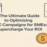 PPC campaign optimization visuals including ad interface, calculator, and growth chart