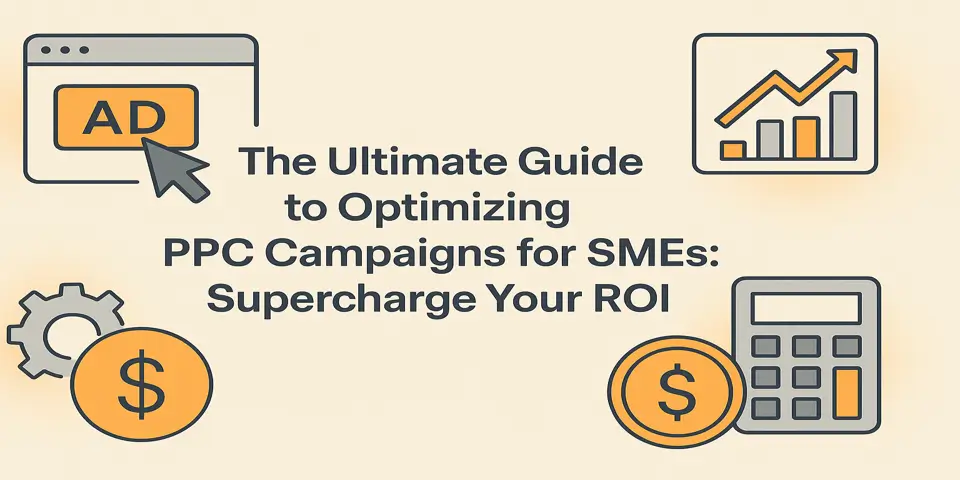 PPC campaign optimization visuals including ad interface, calculator, and growth chart