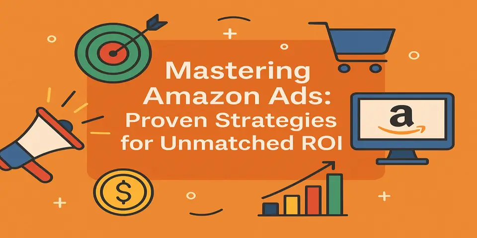 Clean layout with marketing icons symbolizing Amazon ad strategy.