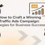 Traffic ads campaign strategy illustrated with icons and charts.