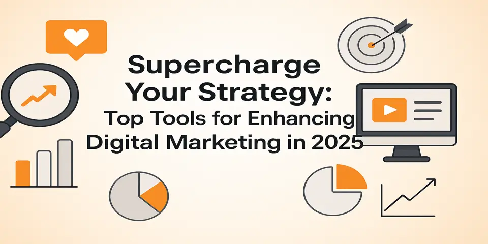 Title-focused visual with marketing icons surrounding central strategy theme.