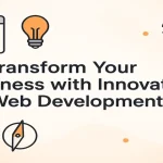 Business transformation concept shown with web development icons and gradients.