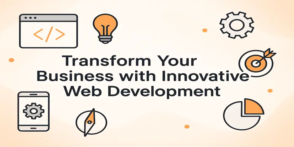 Business transformation concept shown with web development icons and gradients.