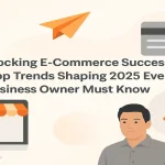 Business professionals interacting with futuristic e-commerce trends, including smart logistics and AI-driven shopping.