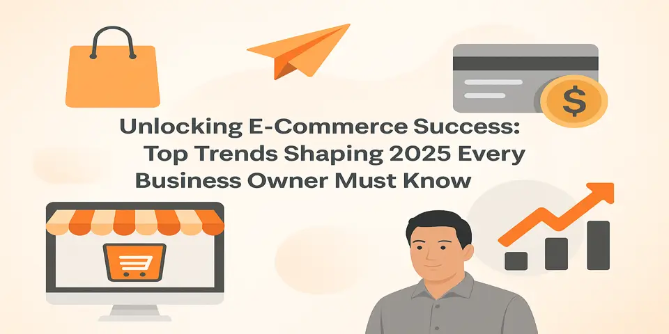 Business professionals interacting with futuristic e-commerce trends, including smart logistics and AI-driven shopping.