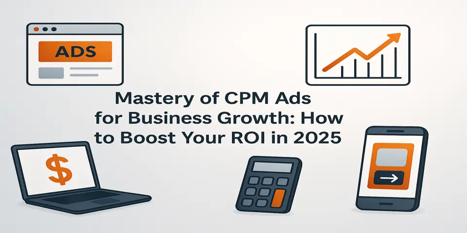 CPM advertising title surrounded by icons of ads, devices, and charts.