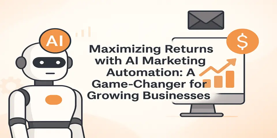 AI marketing icons and automation visuals supporting digital business growth.
