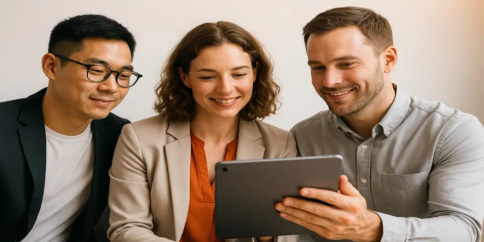 Team collaboration on website design strategy at a modern office.
