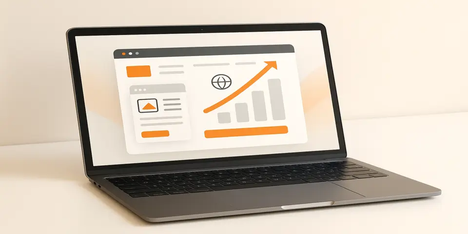A laptop displaying a responsive website mockup and design tools.