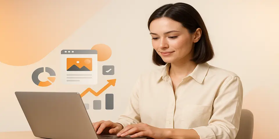 Designer reviewing modern website layout on a laptop.