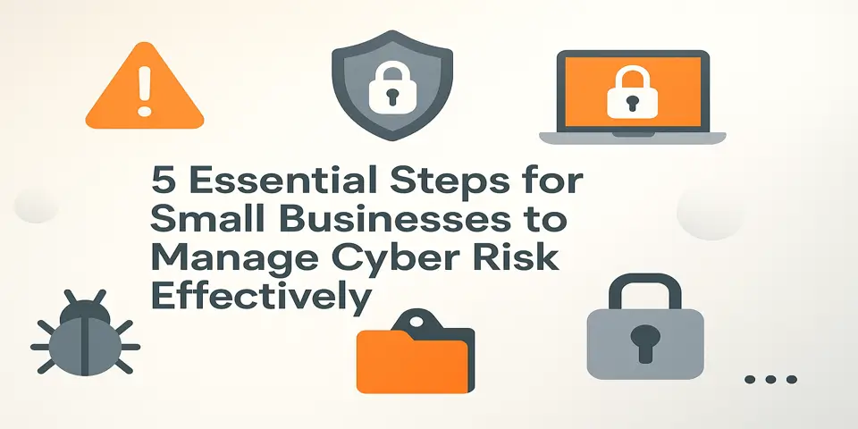 Modern visual showing "5 Essential Steps to Manage Cyber Risk" in clean layout.
