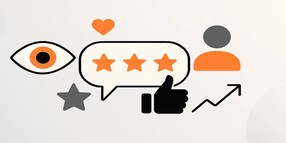 Abstract icons for user validation, ratings, and influence in modern marketing