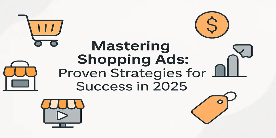 Central title with shopping-related icons like cart, bag, and growth arrow