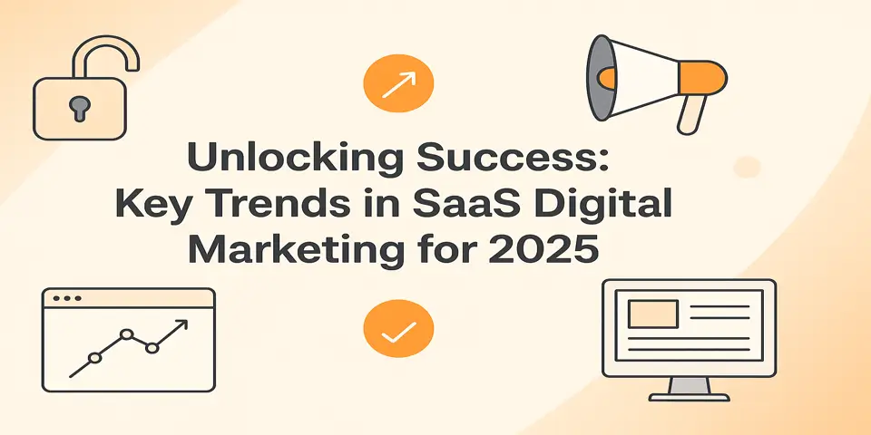 SaaS digital marketing concept with bold title and icons on a clean background