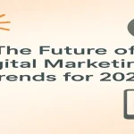 Futuristic digital marketing concept with visual analytics and icons.