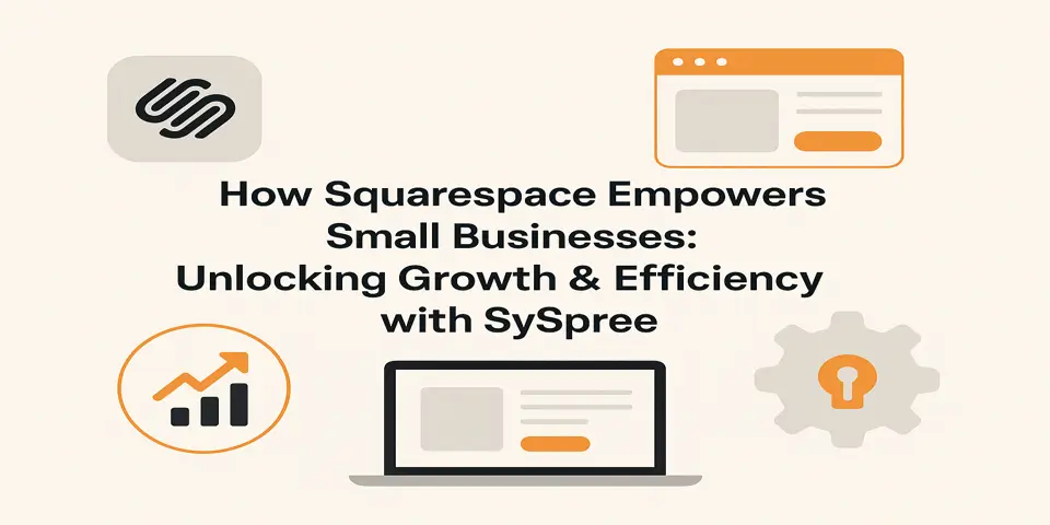 Centered blog title with Squarespace-related icons representing growth and efficiency