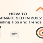 SEO trends visual with data icons and growth chart on a gradient background.